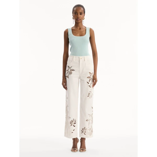 Oscar de la Renta Palm Leaves Cutout Denim Pant, view 2