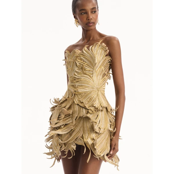 Oscar de la Renta Palm Leaves Metallic Cocktail Dress, view 5
