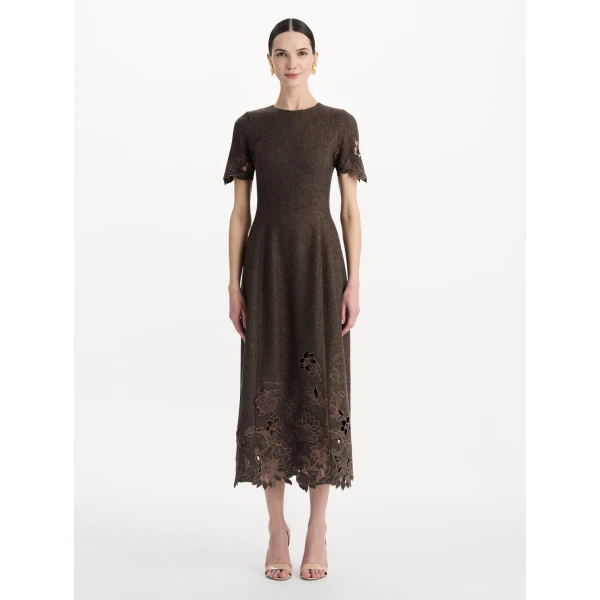 Oscar de la Renta Peony Cutout Twill Herringbone Dress, view 2