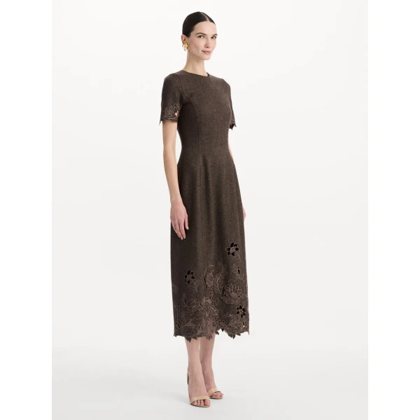 Oscar de la Renta Peony Cutout Twill Herringbone Dress, view 4