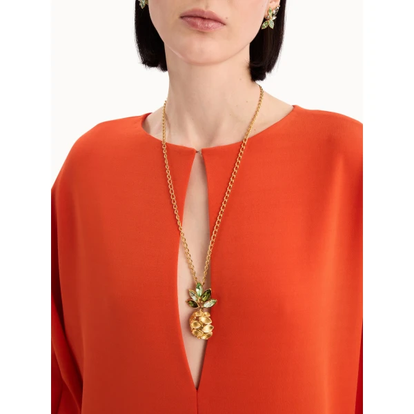Oscar de la Renta Pineapple Crystal Leaf Pendant Necklace, view 2