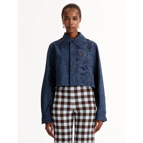 Oscar de la Renta Porcelain Flower Cutout Denim Jacket, view 2