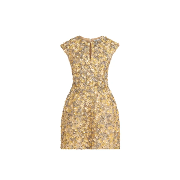 Oscar de la Renta Porcelain Flower Embroidered Cap-Sleeve Dress