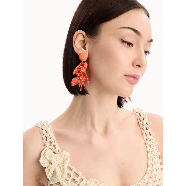 Oscar de la Renta Raffia Tassel Bouquet Clip-On Earrings in Orange, view 2