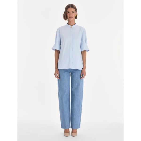 Oscar de la Renta Short Sleeve Cotton Poplin Sateen Blouse