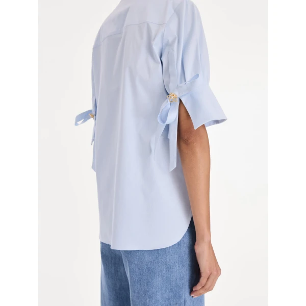 Oscar de la Renta Short Sleeve Cotton Poplin Sateen Blouse