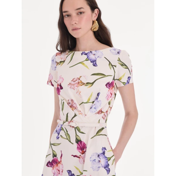 Oscar de la Renta Short Sleeve Iris Flowers Poplin Day Dress