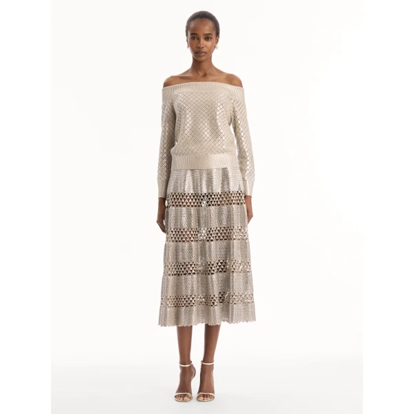 Oscar de la Renta Silver Foil Off-Shoulder Pullover, view 3