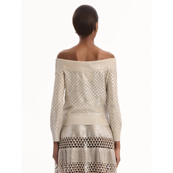 Oscar de la Renta Silver Foil Off-Shoulder Pullover, view 4