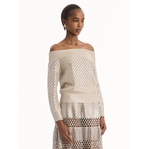 Oscar de la Renta Silver Foil Off-Shoulder Pullover, view 5