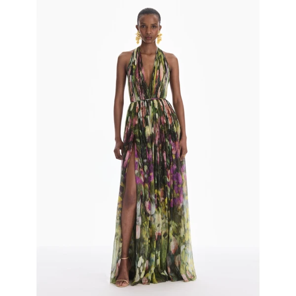 Oscar de la Renta Sleeveless Abstract Landscape Chiffon Gown