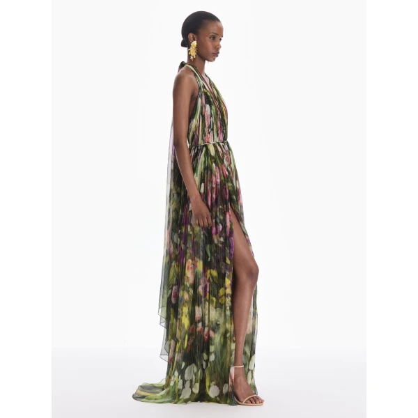 Oscar de la Renta Sleeveless Abstract Landscape Chiffon Gown