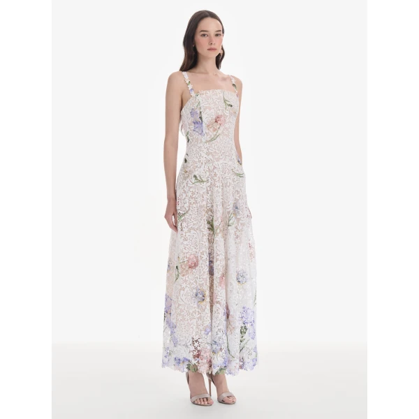 Oscar de la Renta Sleeveless Large Iris Degrade Printed Lace Day Dress