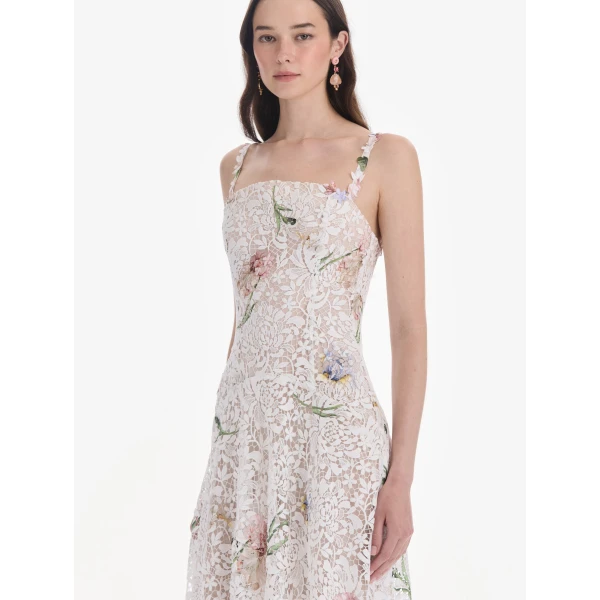 Oscar de la Renta Sleeveless Large Iris Degrade Printed Lace Day Dress