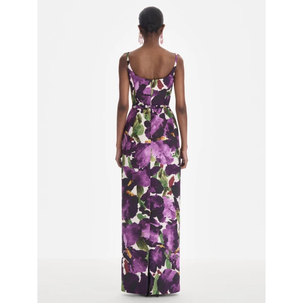 Oscar de la Renta Sleeveless Large Watercolor Iris Faille Gown