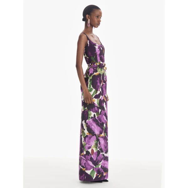 Oscar de la Renta Sleeveless Large Watercolor Iris Faille Gown