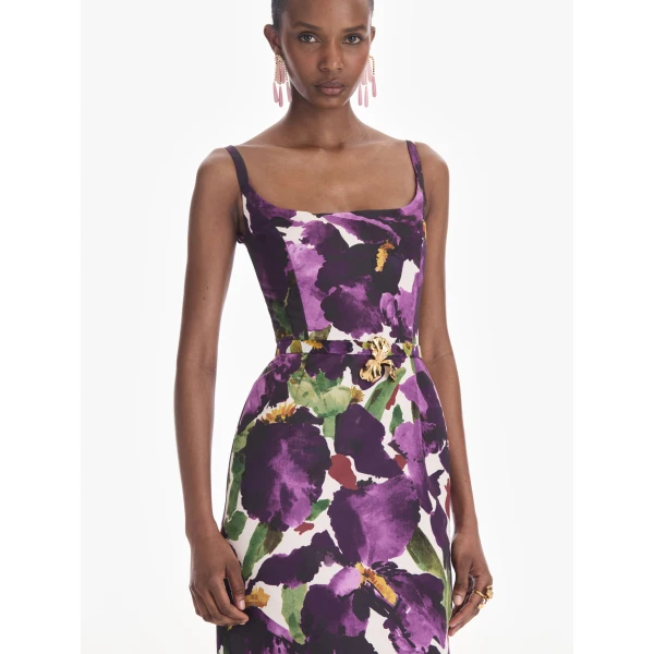 Oscar de la Renta Sleeveless Large Watercolor Iris Faille Gown