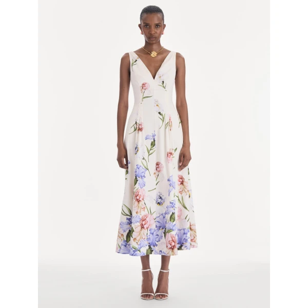 Oscar de la Renta Sleeveless V Neck Large Iris Degrade Poplin Dress