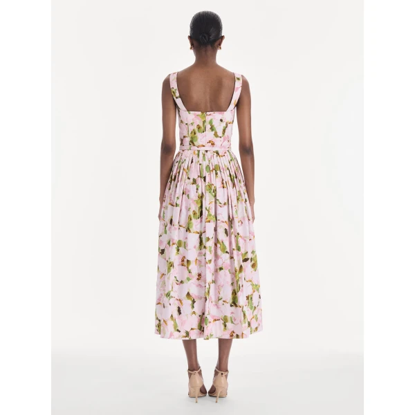 Oscar de la Renta Sleeveless Watercolor Iris Poplin Day Dress