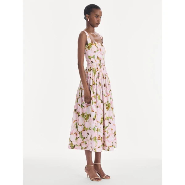 Oscar de la Renta Sleeveless Watercolor Iris Poplin Day Dress