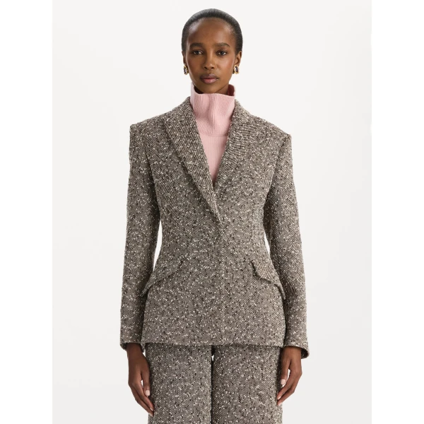 Oscar de la Renta Slub Wool Tweed Collared Skirt Coat