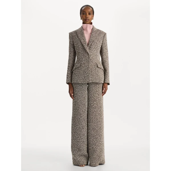 Oscar de la Renta Slub Wool Tweed Collared Skirt Coat