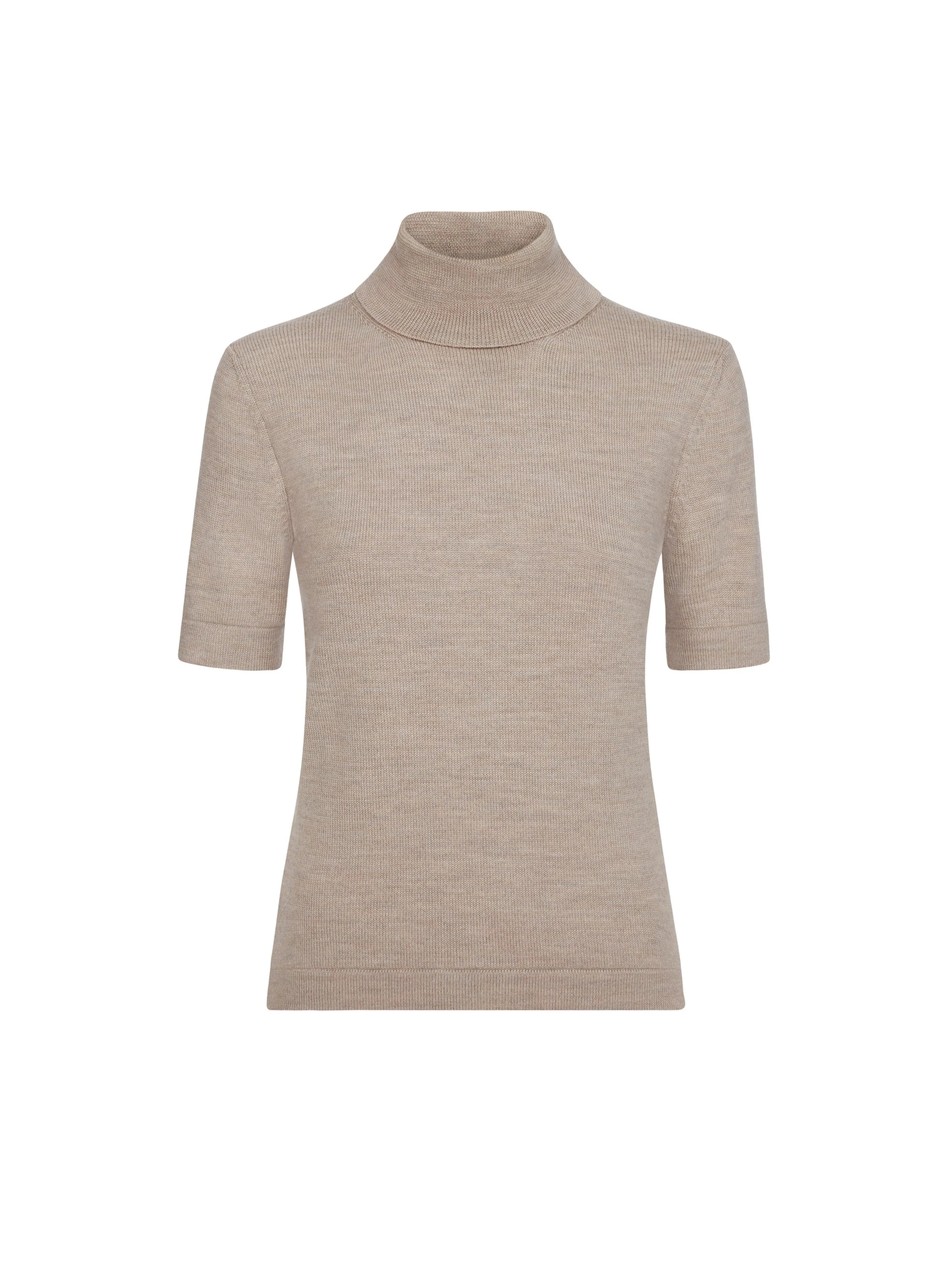 Oscar de la Renta Turtleneck Wool Short-Sleeve Pullover in Taupe | Knitwear | Luxury Shoes Oscar de la Renta Turtleneck Wool Short-Sleeve Pullover in Taupe