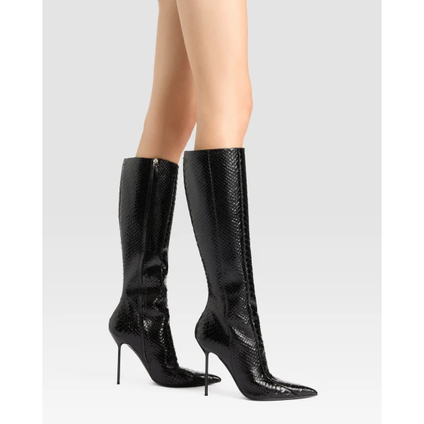 Paris Texas Lidia 105 Cut-Out Boots in Black Python-Print Leather | Boots | Luxury Shoes 