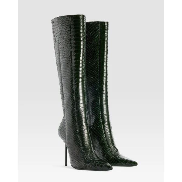 Paris Texas Lidia 105 Cut-Out Boots in Green Noir Python-Print Leather | Boots | Luxury Shoes 