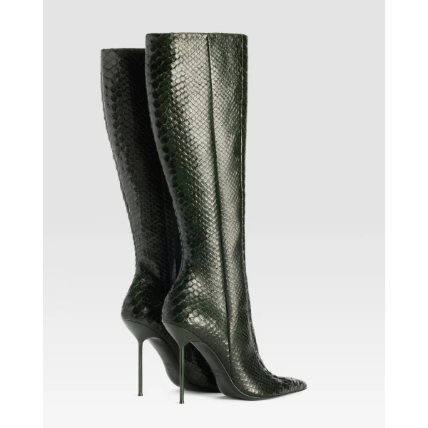 Paris Texas Lidia 105 Cut-Out Boots in Green Noir Python-Print Leather | Boots | Luxury Shoes 