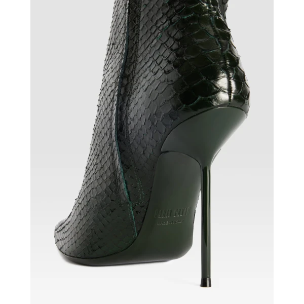 Paris Texas Lidia 105 Cut-Out Boots in Green Noir Python-Print Leather | Boots | Luxury Shoes 