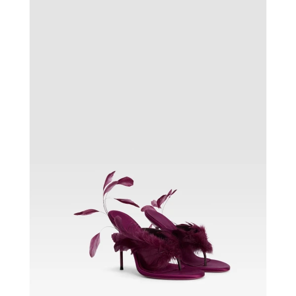 Paris Texas Lidia 105 Feather Thong Mules in Rouge Noir Satin | Mules | Luxury Shoes 