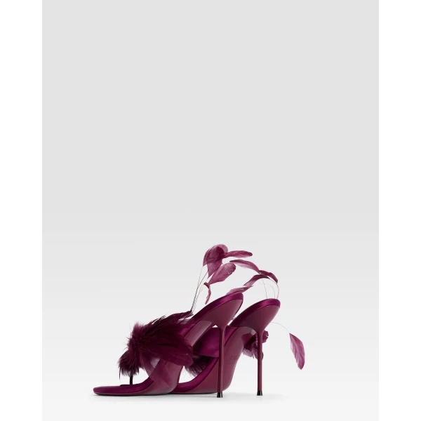 Paris Texas Lidia 105 Feather Thong Mules in Rouge Noir Satin | Mules | Luxury Shoes 