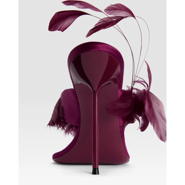 Paris Texas Lidia 105 Feather Thong Mules in Rouge Noir Satin | Mules | Luxury Shoes 