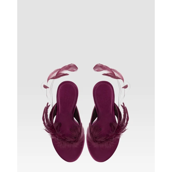 Paris Texas Lidia 105 Feather Thong Mules in Rouge Noir Satin | Mules | Luxury Shoes 