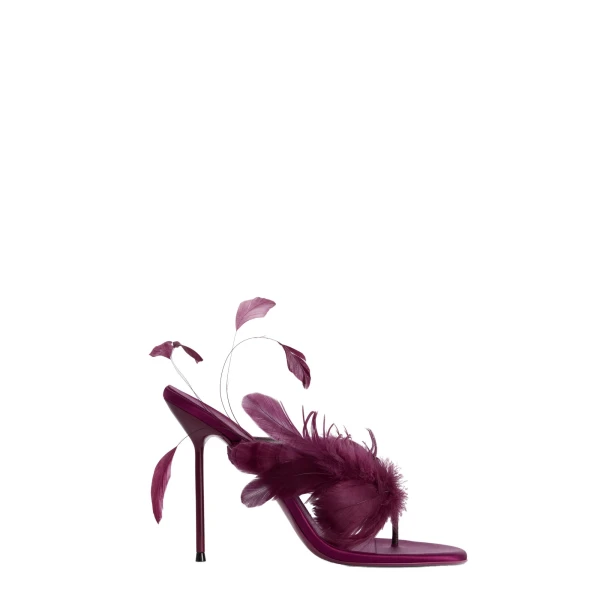 Lidia 105 Feather Thong Mules in Rouge Noir Satin