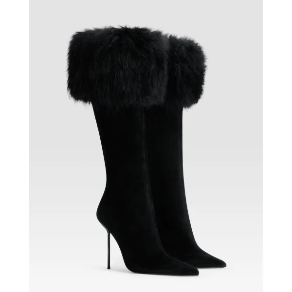 Paris Texas Lidia 105 Fur Boots in Black Suede | Boots | Luxury Shoes 