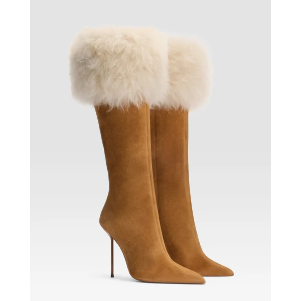 Paris Texas Lidia 105 Fur Boots in Tan Suede and Ivory Fur | Boots | Luxury Shoes 