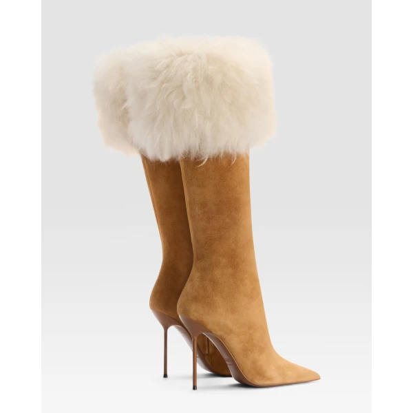 Paris Texas Lidia 105 Fur Boots in Tan Suede and Ivory Fur | Boots | Luxury Shoes 