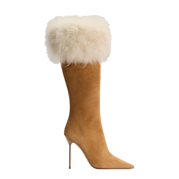 Lidia 105 Fur Boots in Tan Suede and Ivory Fur