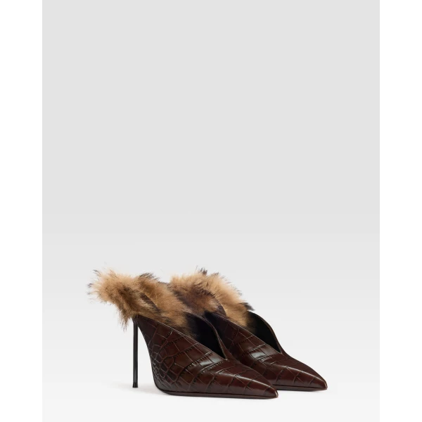 Paris Texas Lidia 105 Fur Sabots in Ebano Croc-Embossed Leather and Shearling | Mules | Luxury Shoes 