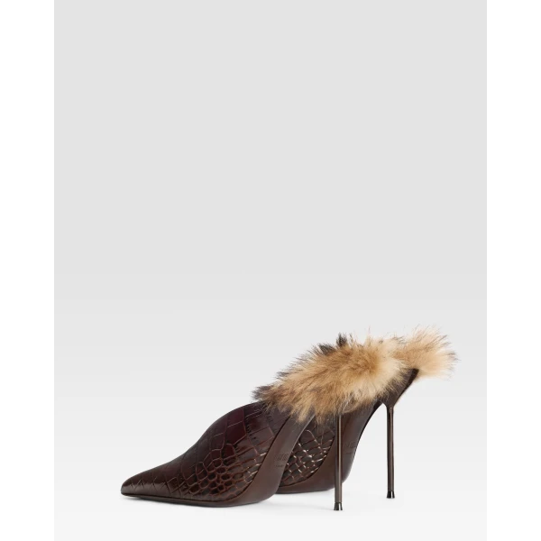 Paris Texas Lidia 105 Fur Sabots in Ebano Croc-Embossed Leather and Shearling | Mules | Luxury Shoes 