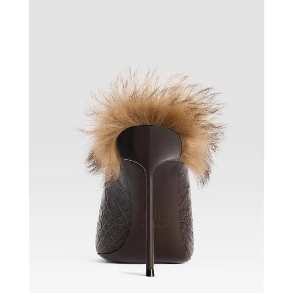 Paris Texas Lidia 105 Fur Sabots in Ebano Croc-Embossed Leather and Shearling | Mules | Luxury Shoes 
