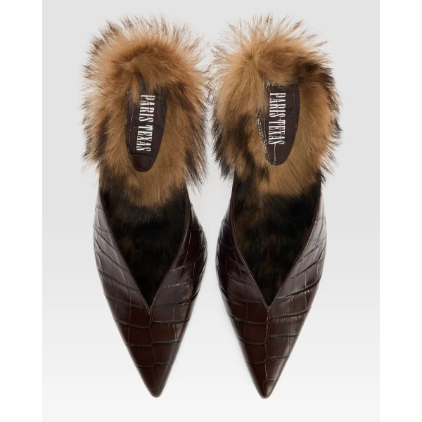 Paris Texas Lidia 105 Fur Sabots in Ebano Croc-Embossed Leather and Shearling | Mules | Luxury Shoes 
