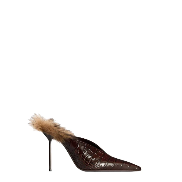 Lidia 105 Fur Sabots in Ebano Croc-Embossed Leather and Shearling
