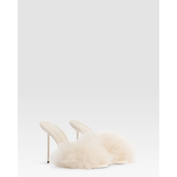 Paris Texas Lidia 105 Furry Mules in Ivory Fur | Mules | Luxury Shoes 