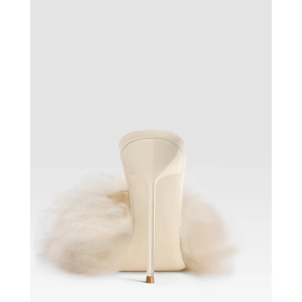 Paris Texas Lidia 105 Furry Mules in Ivory Fur | Mules | Luxury Shoes 