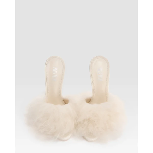 Paris Texas Lidia 105 Furry Mules in Ivory Fur | Mules | Luxury Shoes 