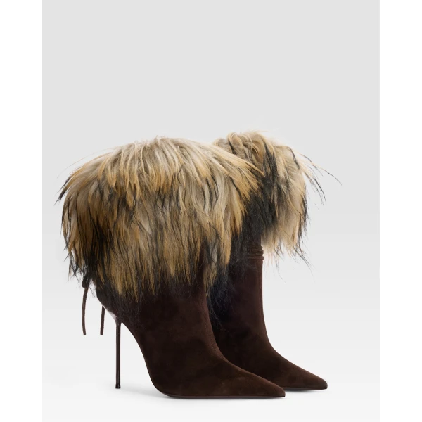 Paris Texas Lidia 105 Lace-Up Fur Ankle Boots in Fondente Suede | Boots | Luxury Shoes 