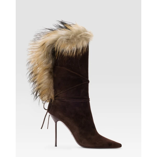Paris Texas Lidia 105 Lace-Up Fur Ankle Boots in Fondente Suede | Boots | Luxury Shoes 